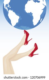 EPS 10 vector file. Female legs in high heels holding the world. Raster version is in my portfolio.