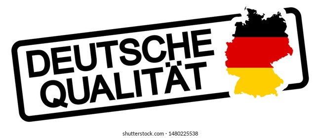 EPS 10 vector file illustration stamp with frame colored black, silhouette of germany with national flag colors and text german quality (in german)