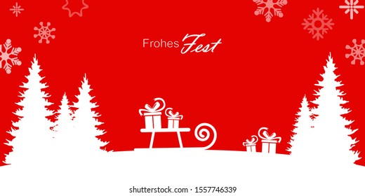 EPS 10 vector file showing simple christmastime background with typical XMAS elements, fall of snow and colored background with Merry Christmas greetings (in german)