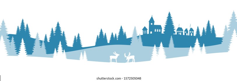 EPS 10 vector file showing christmas time nature landscape background with snow fields, little village, festive elements and colored background