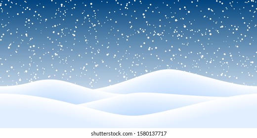 EPS 10 vector file showing christmas time nature landscape background with snow fields, fall of snow and blue colored background