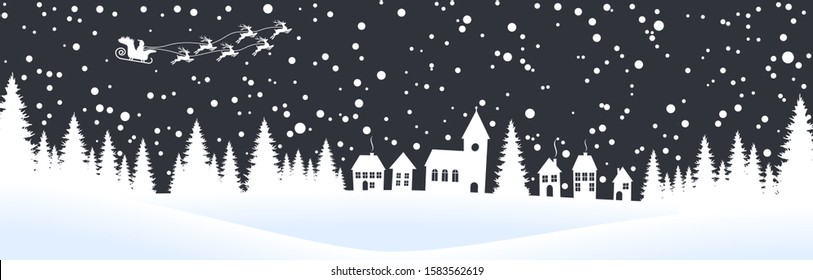 EPS 10 vector file showing christmas time nature landscape background with snow fields, little village, santa on sled, fall of snow and colored background