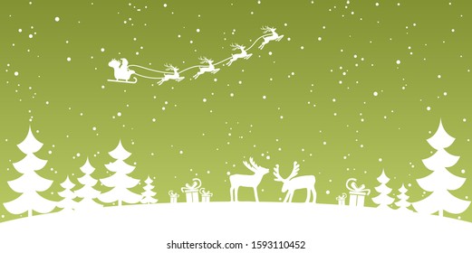 EPS 10 vector file showing simple christmastime background with typical XMAS elements, fall of snow and colored background with flying Santa and some reindeers