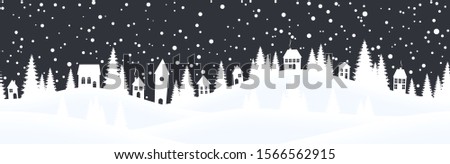 EPS 10 vector file showing christmas time nature seamless landscape background with snow fields, little village, santa on sled, fall of snow and colored background