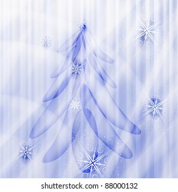 eps 10, vector fir tree on winter background with snowflakes and stars