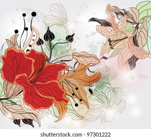 EPS 10 vector - floral background with hibiscus and different kinds of flowers