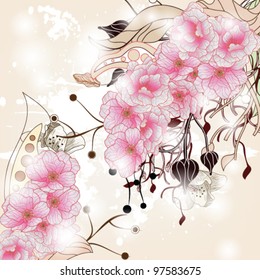 EPS 10 vector - floral background with cherry blossom branch, plants and space for text