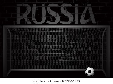 eps 10 vector football ball near soccer goal on brick wall background with football goal net. Russia graffiti writing. Editable sport poster for web, print. Russia 2018 tournament advertising poster