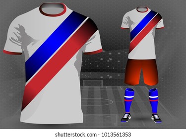 eps 10 vector football player 3d uniform design concept with Russian flag color stripes on black and white background. Editable sport poster for web, print. Russia 2018 advertising sport event banner