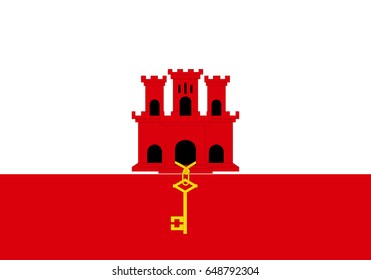 eps 10 vector Gibraltar state flag. Gibraltarian national background. Original colors symbol. Red castle, stripe, key emblem icon. Graphic clip art design sign mockup. Editable template for web, print