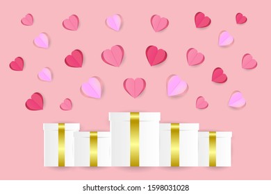 EPS 10 vector. Gift box and paper cut cute hearts.