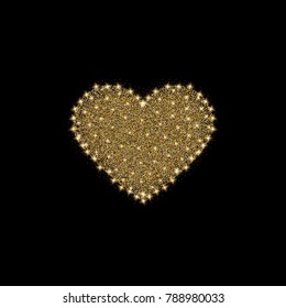 Eps 10 vector golden glitter texture shiny sparkling heart decoration element isolated on black background