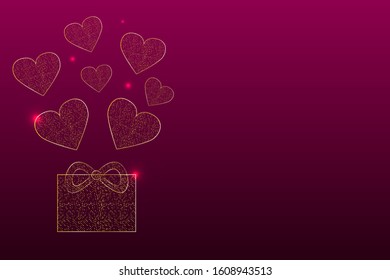 EPS 10 vector. Golden luxury hearts and gift with copy space. Valentines day concept.