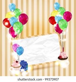 Eps 10 vector - greeting card with colorful balloons, cupcakes and space for text