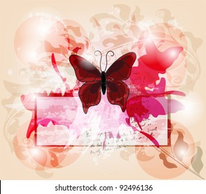 EPS 10 vector  - grunge invitation card with big butterfly and light games