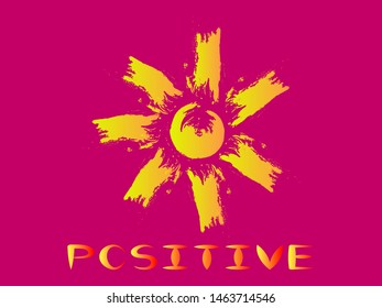 EPS 10 vector. Hand drawn sun and positive on violet background. 