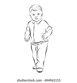 eps 10 vector hand drawn silhouette of little baby boy. Cute kid dressed up in fashion clothes. Sweet child standing and looking forward. Graphic illustration clip art. Flat design