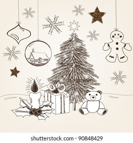 EPS 10 vector  - hand drawn christmas scene in vintage style
