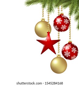 EPS 10 vector hanging christmas baubles background concept with fir branches, red hanging star and free space for text