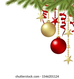 EPS 10 vector hanging christmas baubles background concept with fir branches, stars and streamers and free space for text