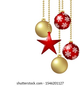 EPS 10 vector hanging christmas baubles background concept with red star and free space for text