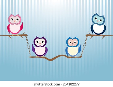 Eps 10 vector happy cute owls on tree branch on light blue background  with white stripes. Cute colorful wallpaper, background, postcard. Sweet birds animals, illustration.