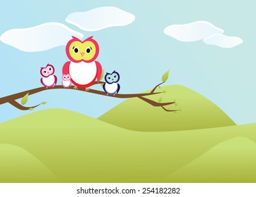 Eps 10 vector happy cute owls family sitting on tree branch in nature, light blue background and green grass. Funny colorful wallpaper, greeting card, postcard. Summer nature, animals, illustration.