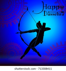 eps 10 vector Happy Dussehra illustration. Silhouette of God Rama holing bow and arrow isolated on abstract background. Vijayadasami or Dasara Hindu festival promotional poster for web, print, design