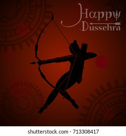 eps 10 vector Happy Dussehra illustration. Silhouette of God Rama holing bow and arrow isolated on abstract background. Vijayadasami or Dasara Hindu festival promotional poster for web, print, design