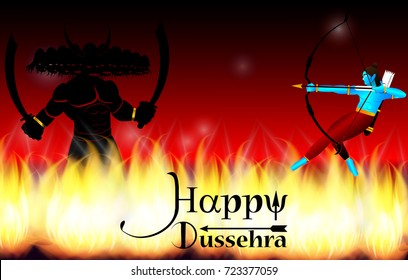 eps 10 vector Happy Dussehra illustration. Silhouette of God Rama holing bow and arrow against demon Ravana standing in fire. Vijayadasami or Dasara Hindu festival promotional logo sign for web, print