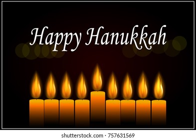 eps 10 vector Happy Hanukkah greeting card design illustration for web, print, design. Jewish religious holiday, Festival of Lights, Feast of Dedication. Eight burning candles with bokeh effect