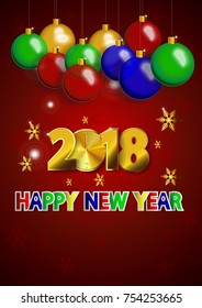eps 10 vector Happy New Year 2018 calendar cover illustration for web, print, design. Advertising poster with falling snowflakes, christmas tree decoration balls, golden 2018 digits with santas hat