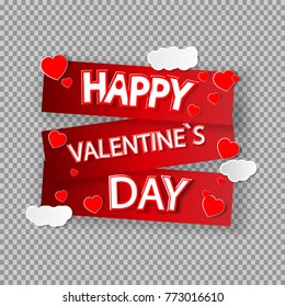 eps 10 vector happy Valentine's Day illustration. Red falling hearts isolated on transparent background. White 3d clouds with holiday text. Graphic design element. Template for web, print, design