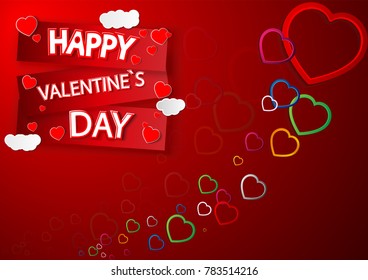 eps 10 vector happy Valentine's Day illustration. Colorful falling hearts isolated on red background. 3d holiday greeting text. Graphic design element mock-up. Template for web, print, design