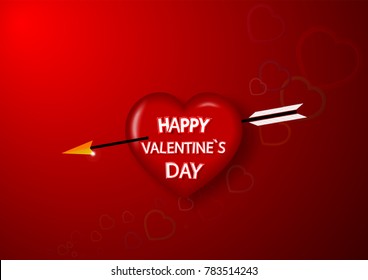 eps 10 vector happy Valentine's Day illustration. 3d red heart pierced with arrow isolated on red background. Happy holiday greeting text. Graphic design element mock-up. Template for web, print