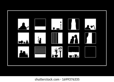 EPS 10 vector. A house with people in windows. Stay at home concept.