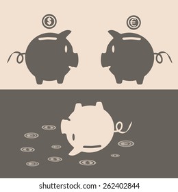 Eps 10 vector illustration of 2 brown piggy bank face to face with euro, dollar money coins over it and one upside down pink pig. Crashing, going down money value, currency exchange rates concept.