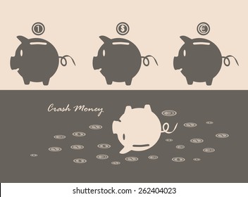 Eps 10 vector illustration of 3 brown piggy bank on pink background with euro, dollar, currency, conventional unit sign coins over it and one upside down pig. Crashing, going down money value concept.