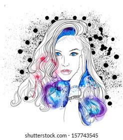 EPS 10 vector illustration. Beautiful Woman Face and Watercolor