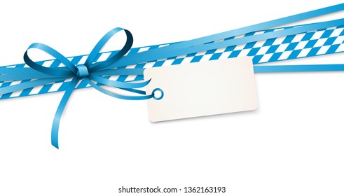 EPS 10 vector illustration of blue colored ribbon bow with hang tag and free text space isolated on white background for German Oktoberfest time