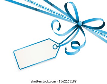 EPS 10 vector illustration of blue colored ribbon bow with hang tag and free text space isolated on white background for German Oktoberfest time