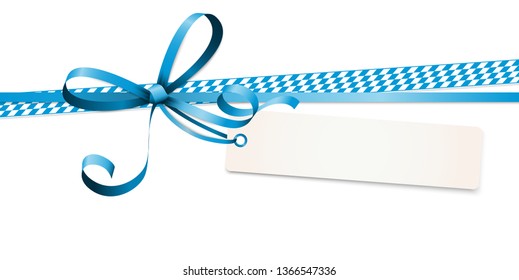 EPS 10 vector illustration of blue colored ribbon bow with hang tag and free text space isolated on white background for German Oktoberfest time