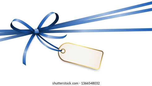 EPS 10 vector illustration of blue colored ribbon bow with hang tag and free text space isolated on white background