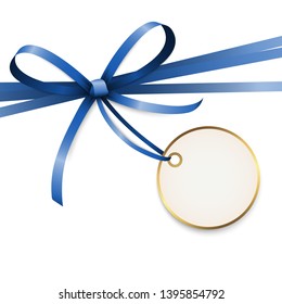 EPS 10 vector illustration of blue colored ribbon bow with hang tag and free text space isolated on white background