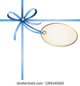 EPS 10 vector illustration of blue colored ribbon bow with hang tag and free text space isolated on white background