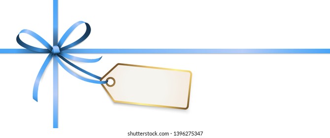 EPS 10 vector illustration of blue colored ribbon bow with hang tag and free text space isolated on white background