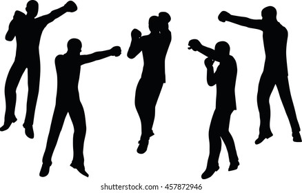 EPS 10 vector illustration of boxer businessman silhouette in black 
