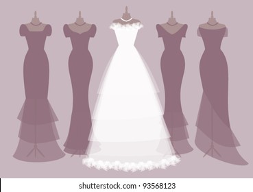 EPS 10 vector illustration of a bride's dress and four bridesmaids' dresses. Grouped and layered for easy editing. See more images with the same subject in my portfolio.