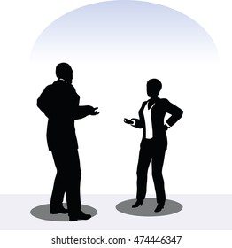 EPS 10 vector illustration of business man and woman silhouette in meeting pose