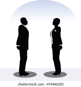 EPS 10 vector illustration of business man and woman silhouette in standing pose
